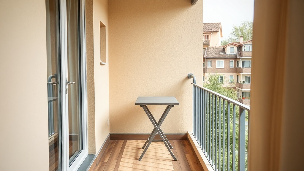 Mały balkon w bloku z podłogą kompozytową, składanym stolikiem i osłoną na balustradzie w jasnych beżach