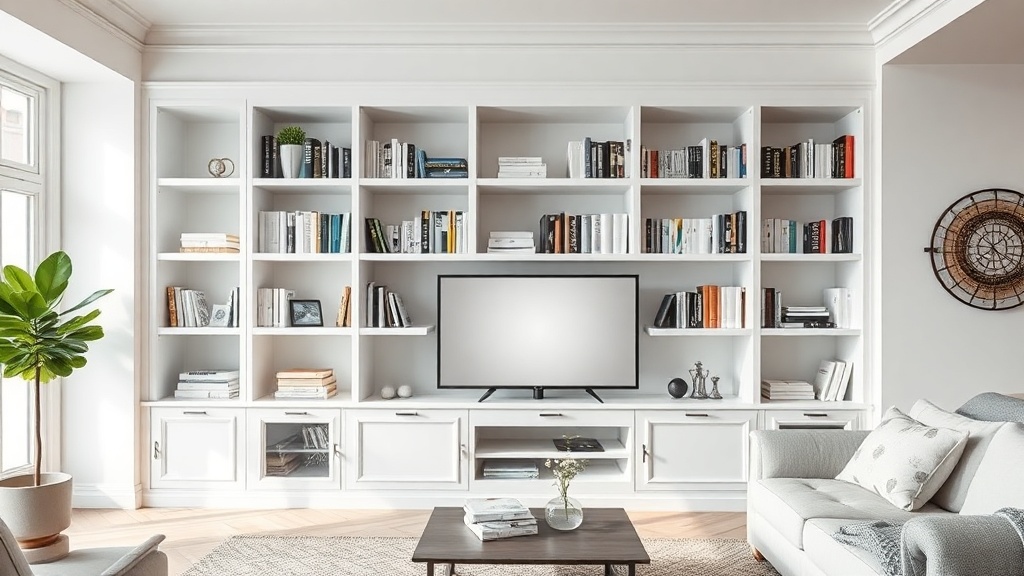 Jasny salon z wysoką biblioteczką, równy układ półek i strefa zamknięta na dole