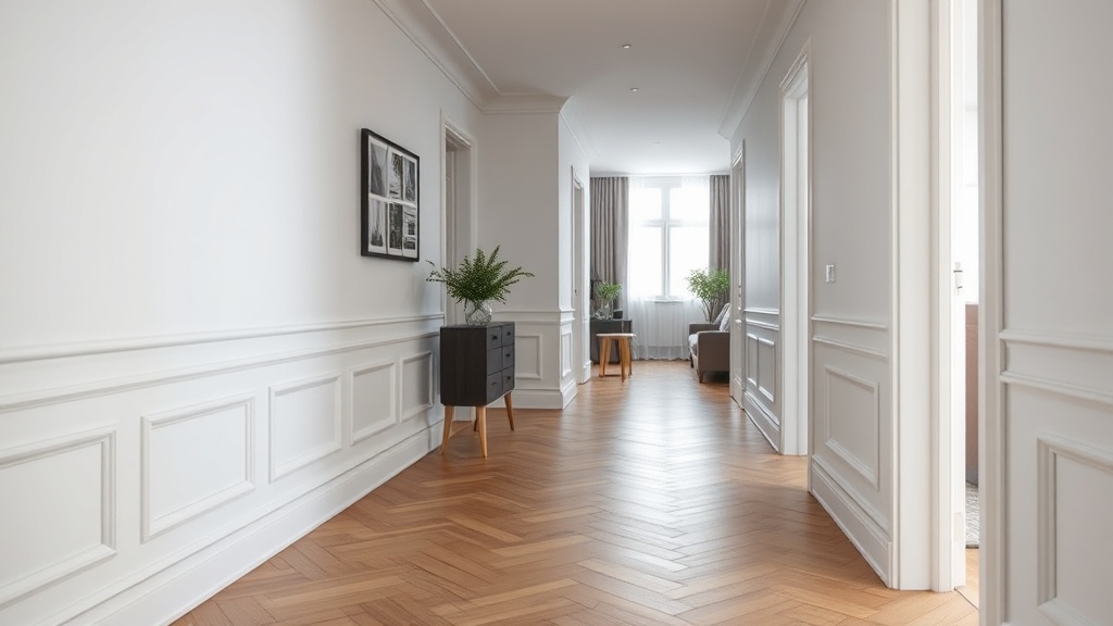 Jasny salon w nowoczesnym stylu z białą listwą przypodłogową przy beżowej ścianie i drewnianą podłogą