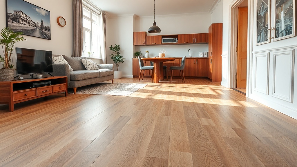 Jasny salon w stylu skandynawskim z podłogą winylową w kolorze dębu i prostą sofą