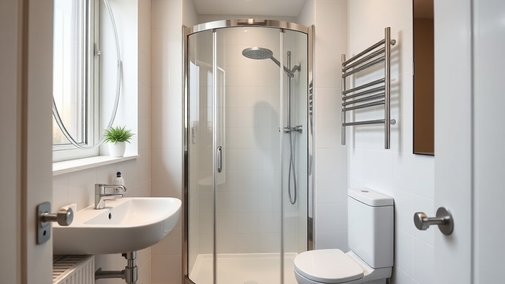 Mała łazienka w stylu nowoczesnym z prysznicem walk-in, szkłem i jasnoszarą zabudową