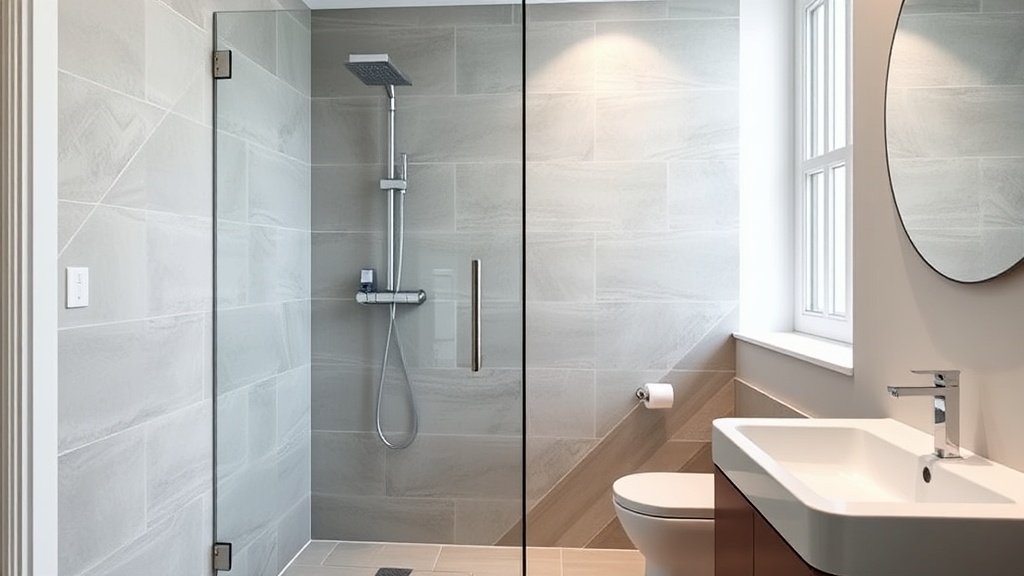 Mała łazienka z kabiną walk-in i odpływem liniowym